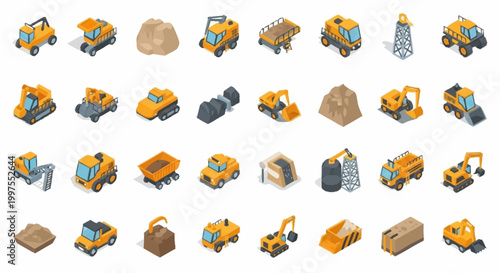Collection of isometric construction vehicles and equipment, representing industry and heavy machinery.