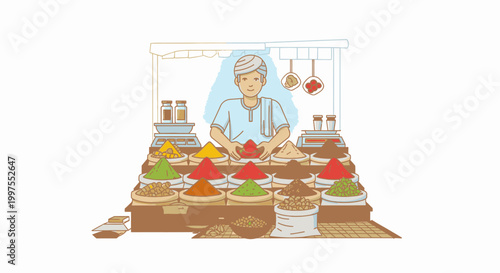 Illustration of a woman preparing food at a market stall with various colorful dishes on display.