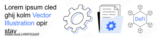 Blockchain, decentralized finance, digital economy, data sharing, technological connectivity, development workflows. Gearwheel, interconnected nodes and file-sharing system. Decentralized finance