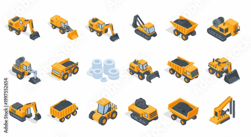 Isometric construction vehicles and equipment collection, including excavators, dump trucks, and bulldozers, isolated on white background.