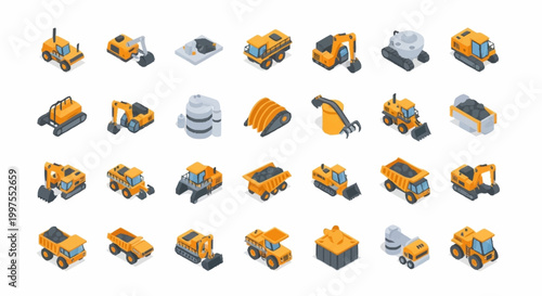 Collection of isometric construction and mining vehicles and equipment, isolated on white background.