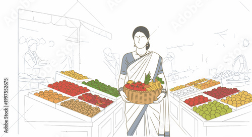 An Indian woman holds a basket of fruit in front of a colorful market stall with various fruits and vegetables on display.