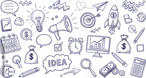 Business and Productivity Icons Doodle Illustration Featuring Ideas, Money, Time Management, and Growth Symbols