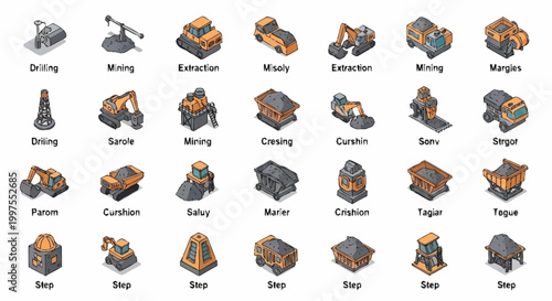 Isometric icons representing various mining and construction equipment and processes.