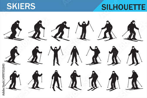 Skiing People Silhouette Collection with Poles and Snow Sports Poses