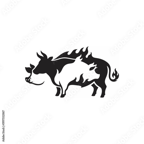 Barbeque Grill Logo Design Featuring Cow and Pig Silhouettes with Fire Flames Minimalist Black and White Vector Illustration for BBQ Restaurant and Steakhouse