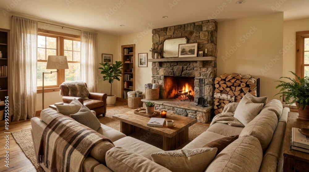 Naklejka premium Cozy living room with a stone fireplace and comfortable sectional sofa
