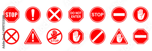 Red stop sign collection, 14 warning icons and traffic symbols, do not enter and danger alert signals, flat vector safety signage set