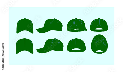 Black baseball cap mockup vector set with front side back and top views for apparel design template