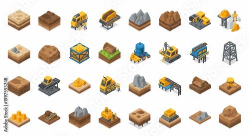Collection of isometric 3D icons representing construction, mining, and industry elements on various terrains.