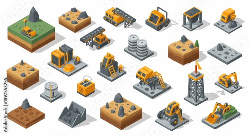 Isometric mining industry elements collection, including excavators, trucks, conveyor belts, and mining structures.