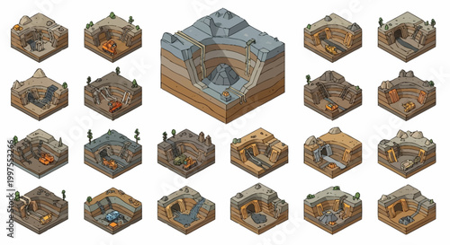 Isometric Cross-Section of a Mine with Various Levels and Resources.
