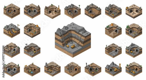 Isometric 3D game assets depicting various mine entrances and underground tunnels with gold deposits.