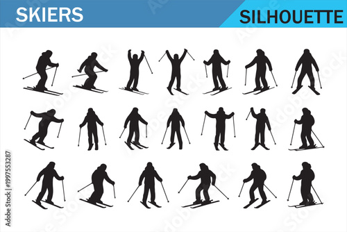 Winter Ski Sport Silhouette Set with Skiers in Motion