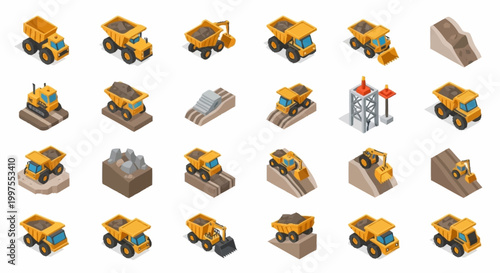 Isometric construction vehicles and equipment collection, including dump trucks, excavators, and loaders on various terrains and inclines.