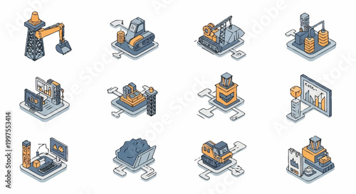 Isometric icons representing industrial processes, construction, and data analysis in a modern factory setting.