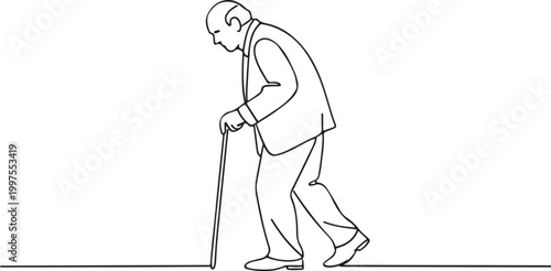 Elderly Man Walking with Cane Thoughtful Life Scene Line Art Illustration