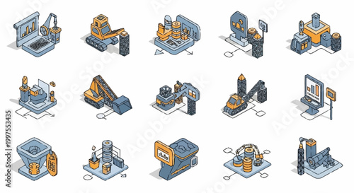 Isometric icons representing various industrial processes and machinery, including excavators, factories, and processing plants.