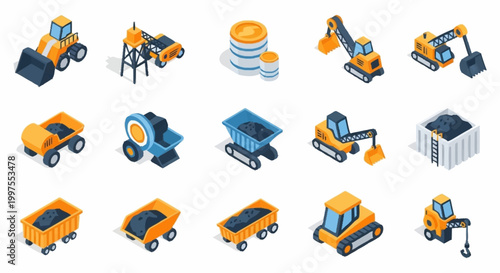 Isometric construction vehicles and mining equipment collection, including excavators, dump trucks, and loaders.