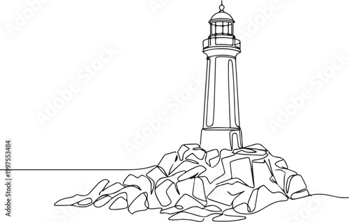 Schilderij op canvas Old Lighthouse on Cliff Coastal Landscape Line Art Illustration for Travel Desig