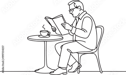 elderly man reading newspaper in cafe relaxed lifestyle daily routine line art illustration