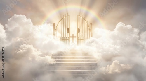 Open golden gates to heaven at top of marble staircase surrounded by clouds. Religious concept of afterlife and salvation. Divine light and rainbow aura for christian worship background.