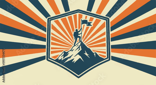 Achievement emblem silhouette person on mountain peak with flag