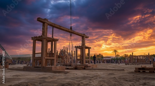 Haman watches as workers raise a towering gallows at dusk, the orange-purple sky revealing pride, plotting, and a dark plan nearing completion.
