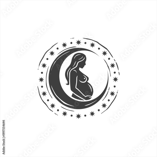 Mystical Pregnant Woman Silhouette in Crescent Moon with Stars, Boho Maternal Goddess Vector Illustration, Spiritual Pregnancy and Motherhood Concept Art Isolated on White Background