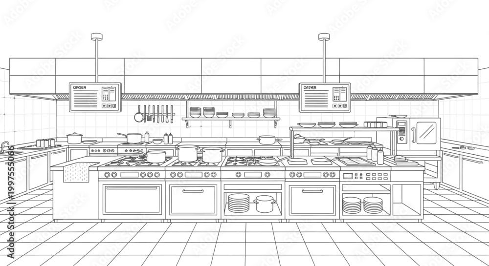 Fototapeta premium Line drawing of a commercial kitchen interior with appliances and countertops on a tiled floor.