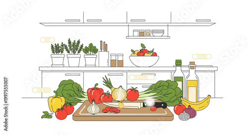 Illustration of a kitchen counter with various vegetables and fruits on a cutting board and shelves with kitchen utensils and potted plants in the background.