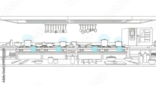 Line drawing of a commercial kitchen with various cooking utensils and appliances on a white background.