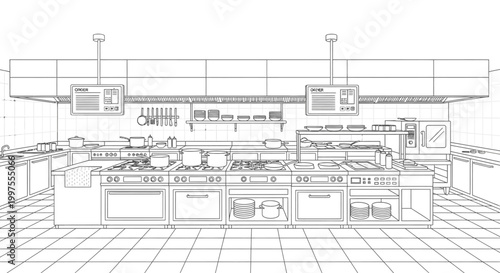 Line drawing of a commercial kitchen interior with appliances and countertops on a tiled floor.