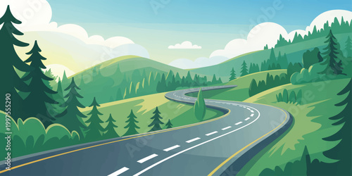 Quadro su tela Mountain road through green mountains under open sky