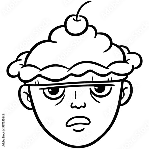 Funny Character with Dessert Head Line Icon Vector Illustration