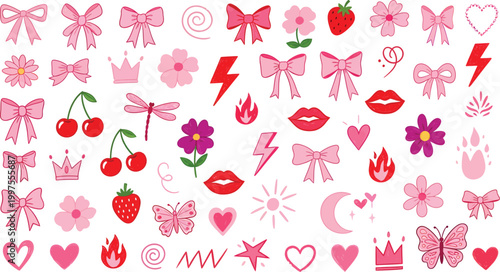 Quadro su tela Large collection of cute pink girly stickers and icons with crayon texture isola