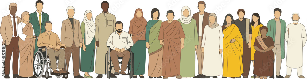 Fototapeta premium Diverse Group of People Representing Various Cultures, Genders, and Abilities in a Unified Community Illustration