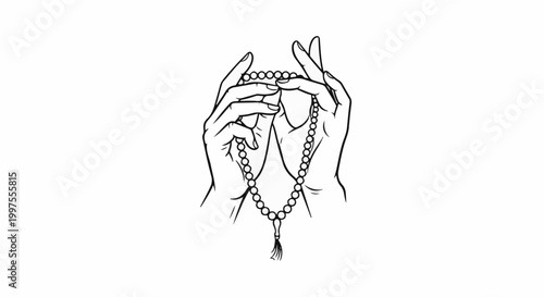Delicate hands hold a string of prayer beads, fingers delicately manipulating