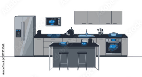 A modern kitchen with gray cabinets, stainless steel appliances, and a center island with stools, set against a clean white background in a realistic line drawing style with a neutral mood.