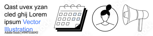 Scheduling, communication, advertising, notifications, profile management, organization. Calendar, female silhouette megaphone icons in a minimalist style. Scheduling and communication visually