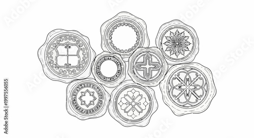 Collection of ornate wax seals with varied geometric and floral patterns