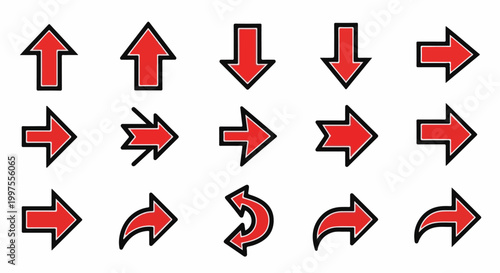 Collection of red arrows pointing in various directions and curved
