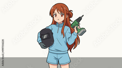 Anime girl ready for action! Holding a welding mask and power drill, she's tackling DIY projects with confidence