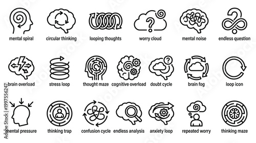 Thin line icons for mental health and psychological concepts on transparent background.