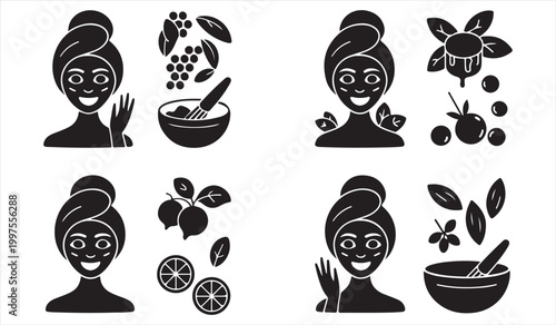 Collection of beauty therapy symbols showing facial care steps and cosmetic essentials