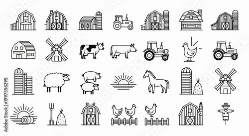 Collection of simplified farm icons including barns, silos, tractors, and animals
