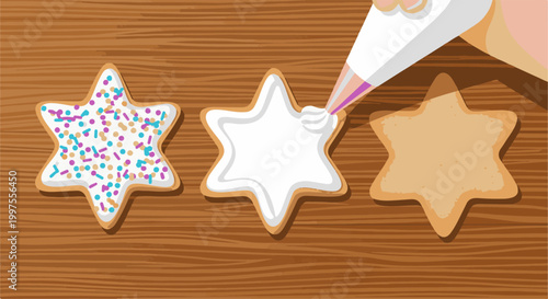 Decorating star-shaped cookies with icing on a wooden surface