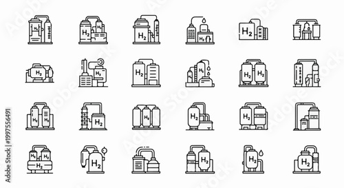 Collection of stylized icons depicting hydrogen production and storage facilities