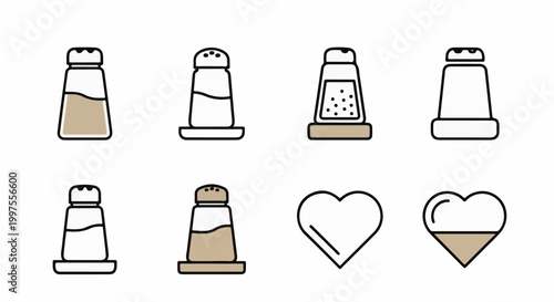 Collection of stylized salt and pepper shakers and heart icons