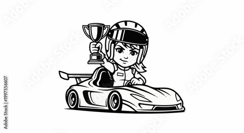 Cartoon girl in racing suit with trophy in race car